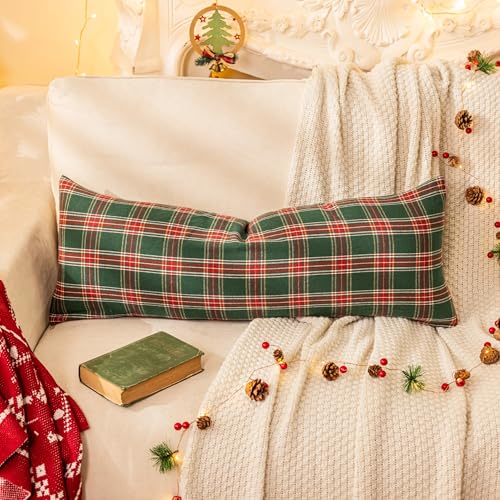 Image of AQOTHES Christmas Plaid Decorative Throw Pillow Covers Green Red 14x36