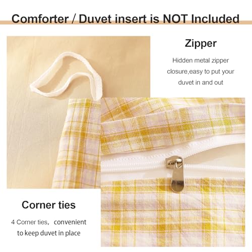 Image of EAVD Yellow Gingham Duvet Cover Twin Size Washed Cotton Bedding Set 3 Pieces Grid Plaid Duvet Cover Set Modern Grid Checkered Bedding Set with 2 Pillowcases Farmhouse Gingham Comforter Cover