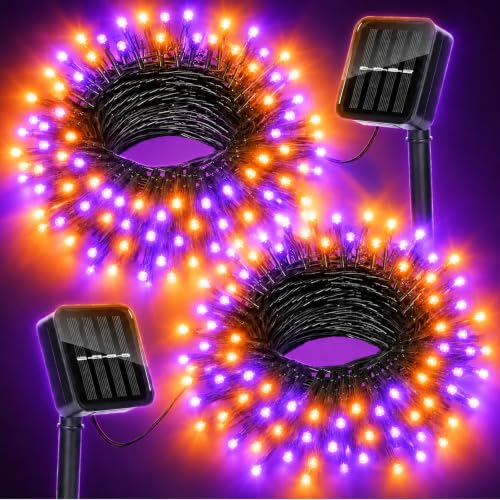 Moettany Solar Halloween Lights Outdoor Solar String Lights Waterproof for Halloween Decorations Total 100LED 45FT for Garden Yard Pathway Fence Orange Purple 8 Modes 50LED x 2 Pack