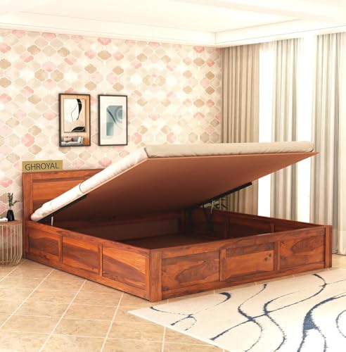 Image of Solid Sheesham Wood King Size Bed with Hydraulic Storage | Wooden Double Bed Cot Bed Furniture for Bedroom Living Room and Home (Honey Finish) - 1 Year Warranty