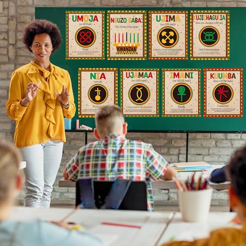 WATINC Pôster Kwanzaa com sete princípios - 8 peças de decorações de sala de aula afro-americana, ma