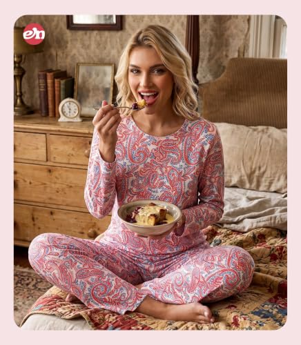 Image of ENJOYNIGHT Womens Pajama Set Cotton Pjs Long Sleeve Sleepwear with Pockets | Two Piece Crew Neck Sleep Set, Elastic Waist Long Pant, Lightweight Loungewear