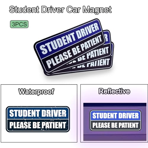 Image of 3 Pcs Student Driver Car Magnet, Please Be Patient Student Driver Magnet | Teen Driver for Car Removable Novice Rookie Safety Atntteion Sign - Weather-Resistant Blue /Black