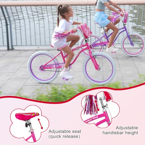 Image of WEIZE Girls Bike for 6-12 Years Old Kids, 20 Inch Kids Bike with Training Wheels, Streamers, Basket and Doll Seat, Children Bicycles with Coaster Brake, Pink