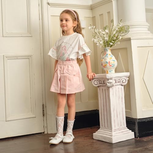Image of DAVE&BELLA Girls Short Sleeve Polo Shirts Quick Dry Ruffle Golf Tennis T Shirts Rabbit Print School Uniform Tops for Aged 1-8