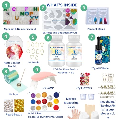 Image of Exploralearn Pro Max Resin Art Kit with UV Resin Combo: UV Resin (25g) & Epoxy Resin (200g) - Alphabet Mould, Jewelry Moulds, UV Lamp, Bezels, Flowers, Glitter, DIY Jewelry Making Kit for Kids & Adults