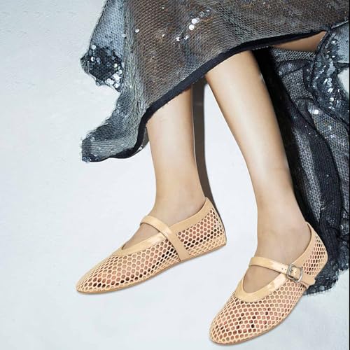 MICIFA Women's Mesh Ballet Flats Fishnet Ballerina Flats Buckle Strap Mary Jane Flats Causal Daily Dress Shoes Nude4