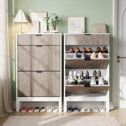 GAOMON Shoe Cabinet with 2 Flip Drawers, Entryway Cabinet with Adjustable Shelves, Accommodate 8 to 12 Pair of Shoes, Space-Saving Slim Shoe Cabinet for Entryway, Hallway, Front Door, White Grey
