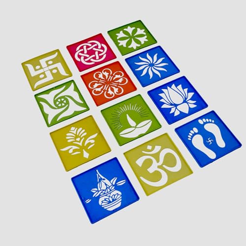 Image of CRAFTAM Different Design Ready to Draw Rangoli Making Stencils, Rangoli Plastic Stencils for Floor Decoration, Diwali Rangoli art stencils reusable, Festival decoration Rangoli tools (Set of 12, Size 4x4 Inch)