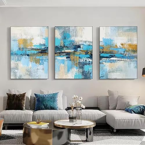 Décoration murale moderne grand format triptyque bleu or cadre