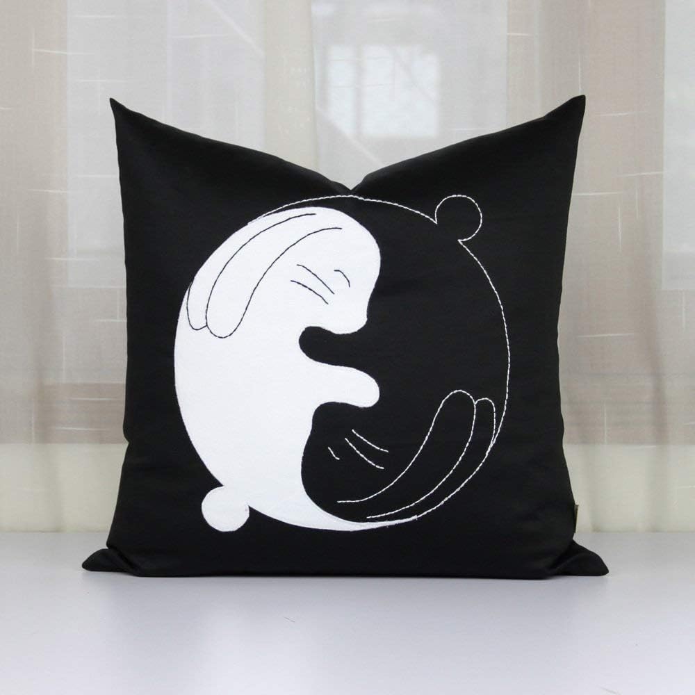 Handmade Embroidery Yin Yang Throw Pillow Covers, Black White Cotton Pillow Covers, Decorative Square Accent Pillow, Easter Bunny Cushion Cover 18x18 inches, 45x45 cm