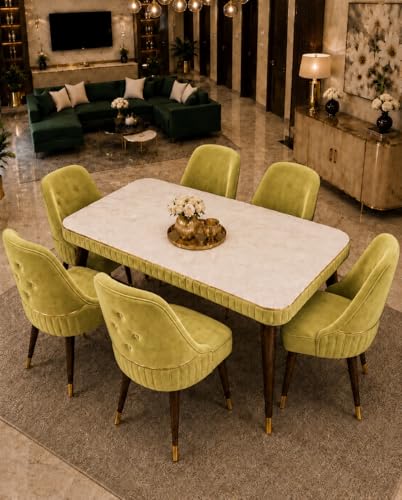 Image of WOODEN SPACE 6-Seater Wooden Dining Table Set | Nano Composite Marble Top | Solid Wood Base | Modern Dining Room Furniture with 6 Chairs (Light Green Grand Aura)