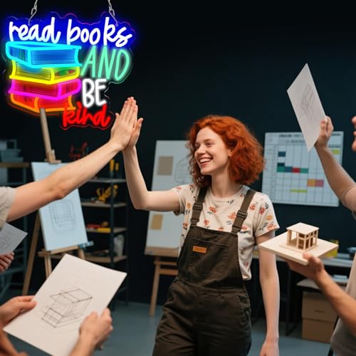 Image of LED Read Books Be Kind Neon Signs Classroom Neon Lights Wall Decor for Reading Room, Classroom, Bookstore, Library, Museum, Study Room Gifts Art for Book Lover, Kids,Friends,family-13.4 x 12.6 IN-USB Powered-Acrylic