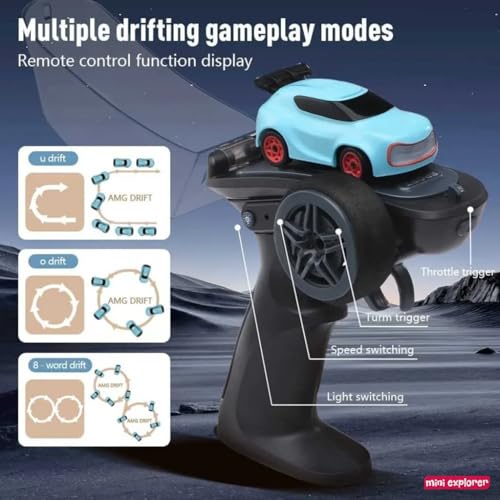 Image of MiniExplorer Punto Mini RC Car 1:64 Scale, 2.4GHz Remote Control Car with Drift & Grip Modes, Dual Speed, LED Lights, 100m Range, Rechargeable RC Drift Car for Kids Boys Girls & Adults