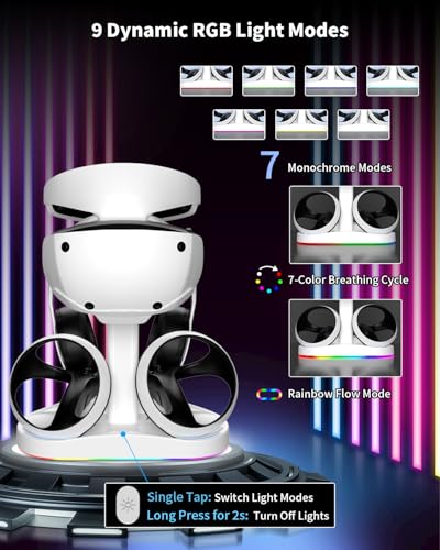 Image of Charging Station for PSVR 2 with Vertical Headset Stand | Dual PSVR2 Controller Dock, Dual Fast Charging Dock, LED Indicator, 9 RGB Light Modes, PSVR2 Headset Display Stand