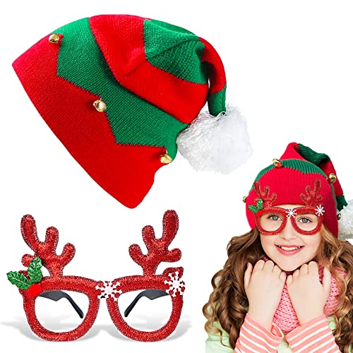 Christmas Elf Knitted Hat for Kids Xmas Baby Beanie Knit Hat and Christmas Glasses for Xmas Holiday Party for Children(1-6 Years) Green