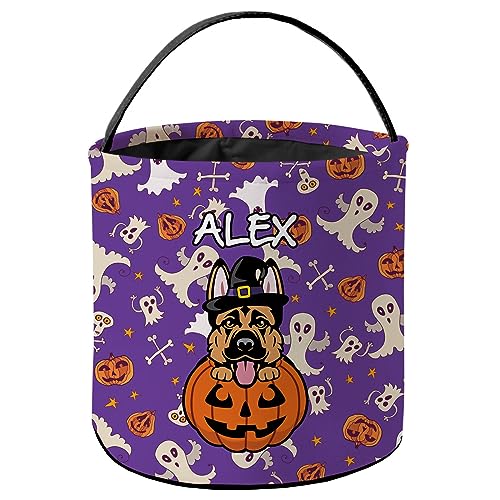 KafePross Personalized Halloween Trick or Treat Bag Smiling Puppy Germanshepherd Dog Halloween Ghost Pumpkin Decor Basket Candy Gifts Bucket for Kids 9 x 9.8 Inch Purple