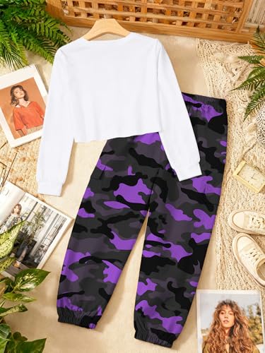 Image of Betusline Girls Fall Winter Clothing Sets, Long Sleeve Crop Top & Cargo Jogger Pants 2 Piece Outfit Sets,4T-14Y