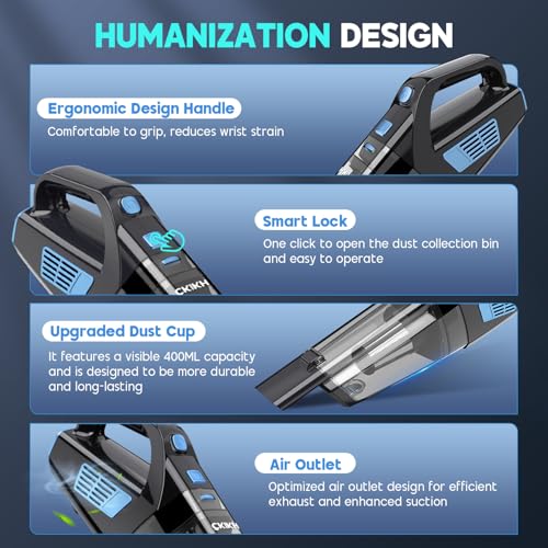 Image of CKIKH Handheld Vacuum Cordless, 15000PA Strong Suction Hand Held Car Vacuum Cleaner Portable with Multi-Nozzles & Washable Filter, Lightweight Rechargeable Vacuum Cleaner for Home, Car, Office, Pets