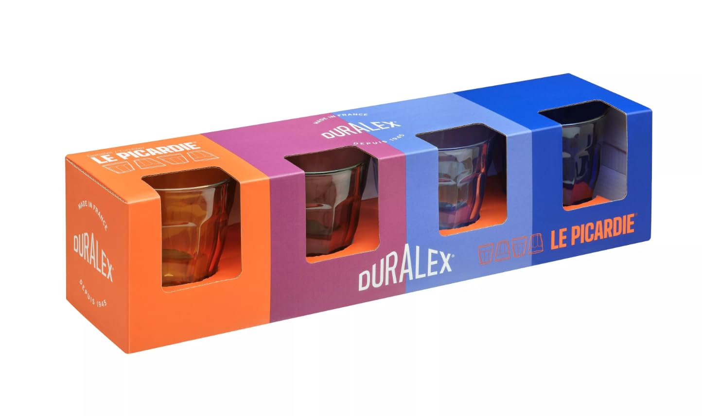4 Verres Duralex Picardie 25cl - Verre Trempé Français - Vermeil, Marine, Saphir, Prune