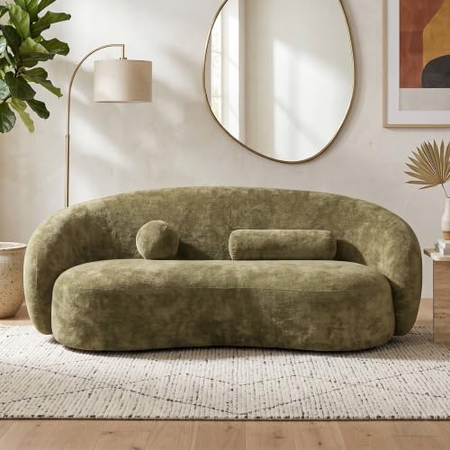Image of Furniture of America Sylin Modern Chenille Sofa with Pillows, Curved Arms and High Density Foam, Wooden Comfortable Couch for Living Room, Office, Olive Green