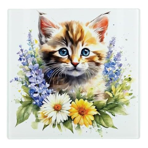 Floral Kitten Square Glass Worktop Protector Cover