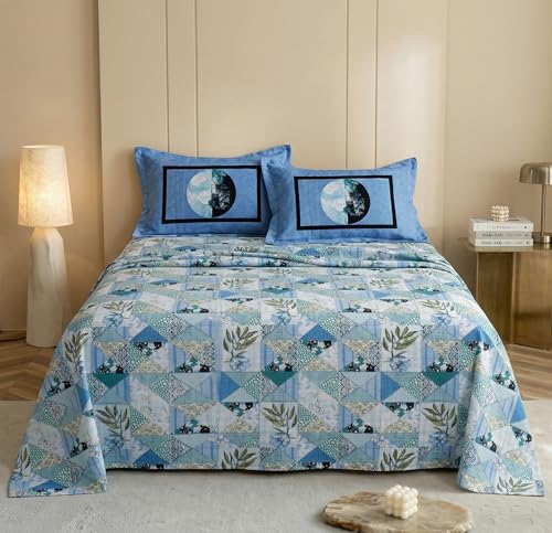 Image of VAS COLLECTIONS Cotton Double Bedsheet with 2 Pillow Covers (90x100 Inch) | 180 TC Soft Breathable Printed Bedsheet for Double Bed | Bedding Set for Bedroom & Home Decor (Cornflower Blue)