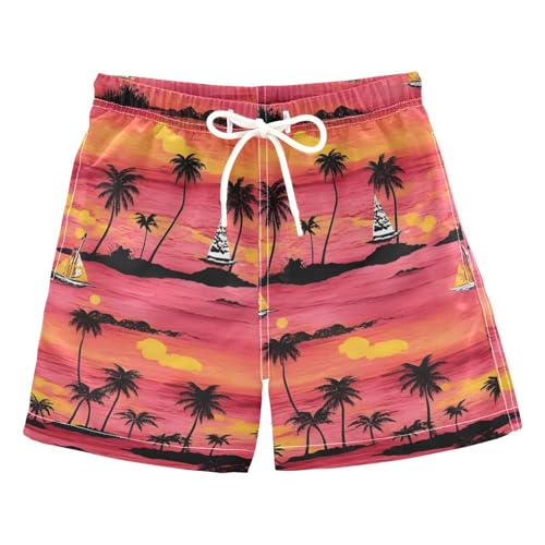 FLildon Hawaiian Sunset Palm Trees Boys Swim Trunks with Mesh Lining Quick Dry Beach Board Shorts, 4T
