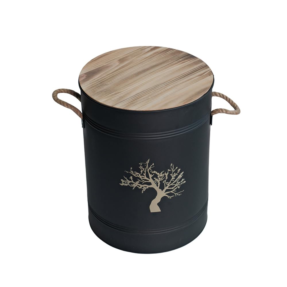 FACILITYS Réservoir à Pellets 51L avec Pelle et Tamis, Bac à Granulés en Acier Noir Design, Coffre à Pellets pour Poêle à Granulé, Seau à Pellets avec Filtration Anti Poussière