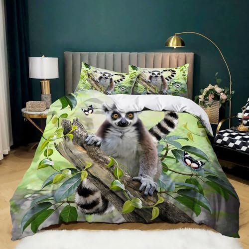 Image of XCWYF Single Duvet Cover Set forest animal lemur, Duvet Cover Bedding Soft Warm Microfibre Quilt Cover with 2 Pillow Cases and Hidden Zipper