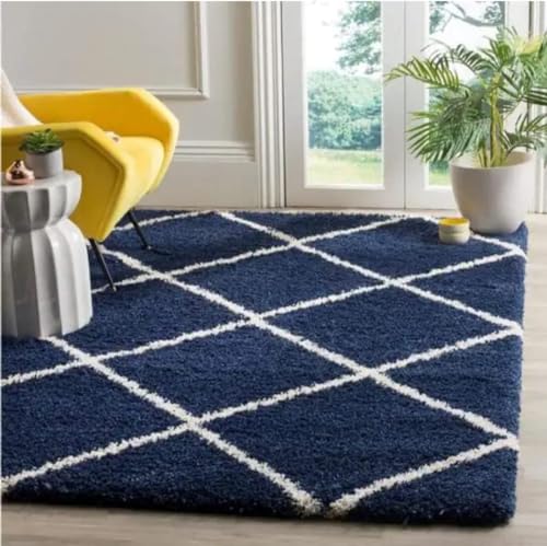 Image of AROMICK Modern Polyester Anti Slip Shaggy Fluffy Rug and Carpet for Living Room, Bedroom & Dining Room (4 x 6 Feet, Blue Ivory Box)