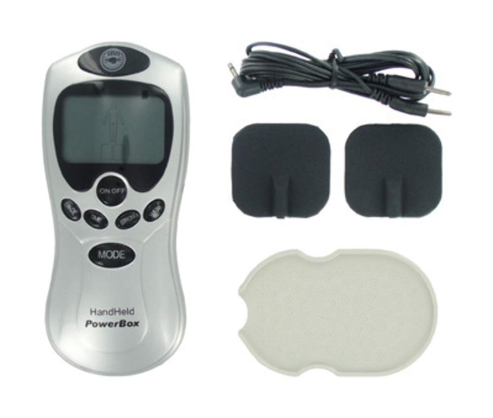 EDC Zeus Handheld E-STIM Unit with electrode pads connected via wires.