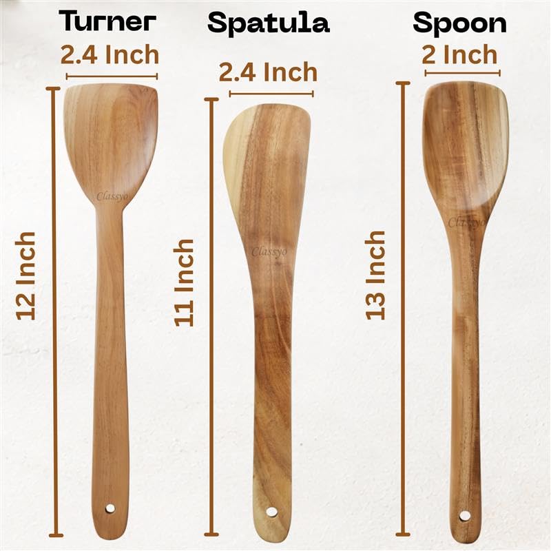Image of Classyo Neem Wood Spoon for Cooking, Wooden Spatula for Non Stick Pan, Wood Ladle, Wooden Spoon Set, Wooden Spatula Set, Naturally Antimicrobial and Non Stick (Set of 3)