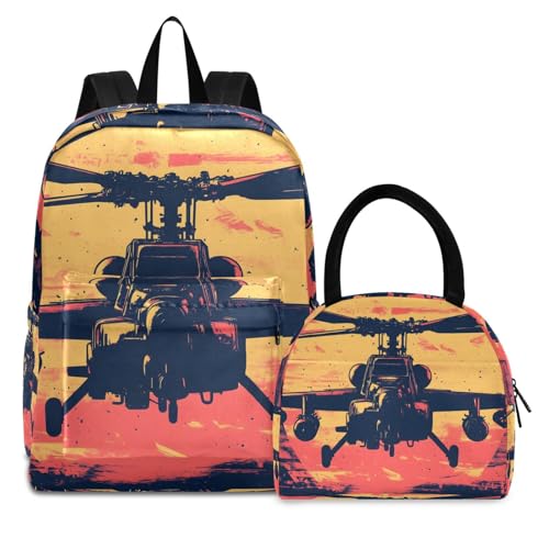 Helicopter Poster Print Backpack Set with Lunch Bag, Large Capacity Travel Backpacks and Lunch Box Insulated for Commute Hiking Picnic