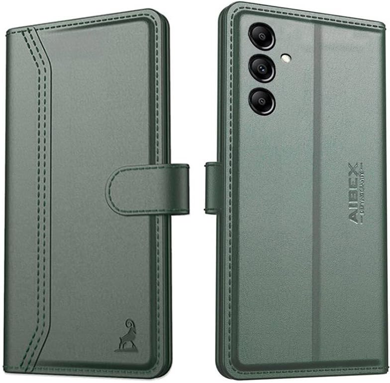 Image of AIBEX Compatible for Samsung A05S Flip Cover Leather Finish | Inside TPU with Card Pockets | Wallet Stand | Complete Protection Flip Case - Green