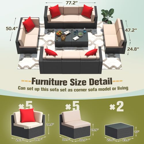 Image of Greesum Patio Furniture Sets 12-Pieces Outdoor PE Rattan Sectional Sofa with Thickened Cushions and Glass Coffee Table, OneSize, Beige