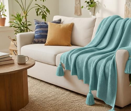 Image of Furnistitchs Plain Solid Knitted Sofa Throw Blanket 50x60 inches / 125x150 cms| Cotton Plain Knit with Tassels | Aesthetic Bohemian Decorative Couch Throws for Living Room & Bedroom (Aqua)