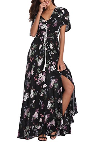 VintageClothing Women's Floral Maxi Dresses Boho Button Up Split Summer Casual Long Dress Beach Party Dress