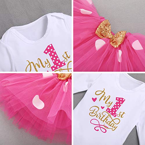 Babypakje voor kleine meisjes, 1/2/3e verjaardag, Minnie outfit, katoen, lange mouwen, rompertje + prinses polka dots tule tutu + muis oor hoofdband, 3-delige kledingset rekwisieten kostuum voor fotoshoot, Hot Pink-My 1st Birthday, 12 Maanden - Image 7