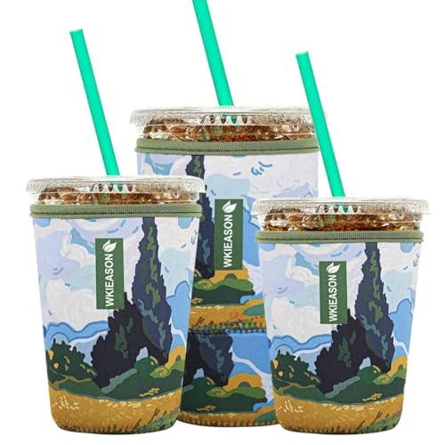 Image of Reusable Iced Coffee Insulator Sleeve for Cold Beverages and Neoprene Cold Coffee Cup Sleeves Cooler Cover 16-32OZ for Coffee Cups, McDonalds, Dunkin Donuts, More (Art print green)