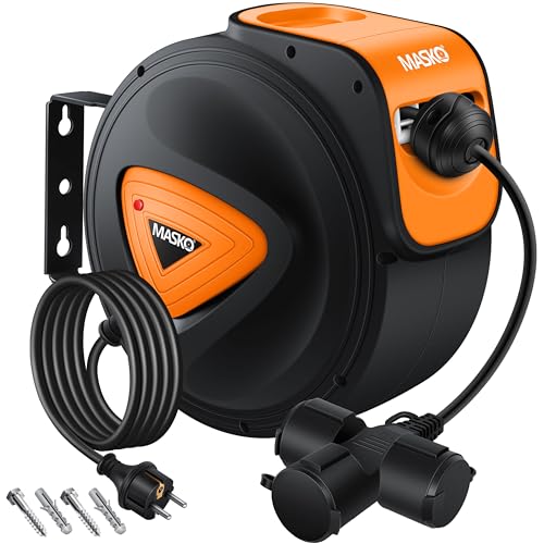 MASKO® Enrouleur de câble automatique, câble d'extension de 1,5 m avec connexion à 3 voies, rotation de 180°, support mural, enrouleur de courant...