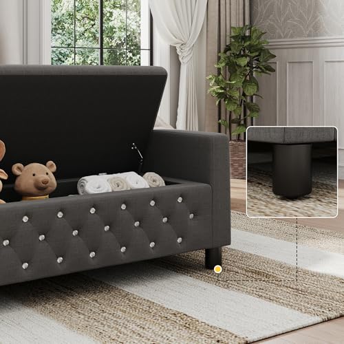 Maupvit 55" Storage Bench Ottoman End of Bed Bench Bedroom Bench, Linen Upholstered Storage Bench Accent Bench with Arms, 2 Pillows for Bedroom,Living Room, Entryway, Dark Grey