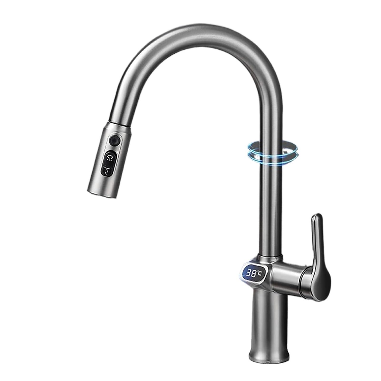 ZQFHSX Thermostatic Kitchen Faucet with Pull Out Sprayer and Rotatable Digital Display 6 Way Function Inner Hole 38.1mm