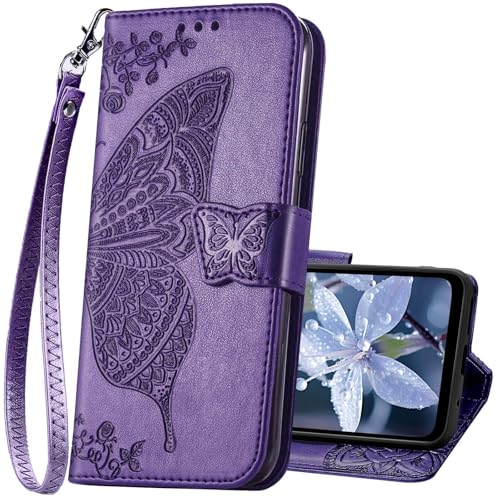KRHGEIK for Samsung Galaxy A17 5G Phone Case Wallet,Women Flip Cover with Credit Card Holders Butterfly Embossed PU Leather Wrist Strap Purse Protective (Purple)