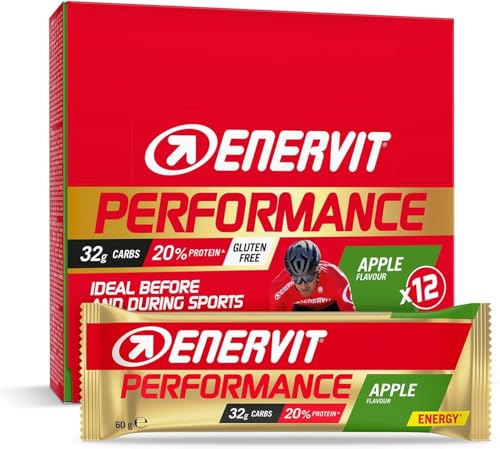 Enervit Performance Bar Manzana, Barritas Energéticas, 32g de Carbohidratos, 20% de Proteínas, Sabor Manzana, Actividades Deportivas de Larga Duración y Resistencia, Sin Gluten, 12 Barritas de 60g