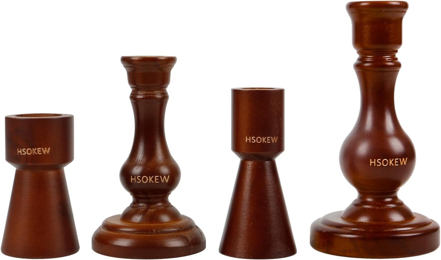 Wooden Candle Holders of Set 4, 7/8 inch Hole Farmhouse Wooden Candlestick Holder Set Rustic Candle Stick Stands Vintage Pedestal Candle Stand Decorative Antique Decorative Candles for Home Decor