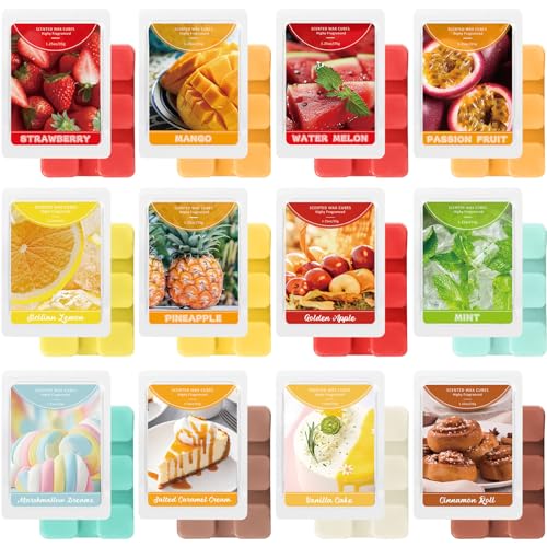 SCENTORINI Scented Wax Melts 12 Pack - Fruit & Dessert Assorted Scents: Mango, Pineapple, Golden Apple, Vanilla Cake, Cinnamon Roll | Strong Scented Wax Cubes for Warmer, Home Fragrance & Relaxation