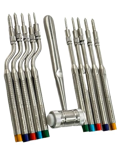 10 Pieces Set - Osteotome Periotome Convex Tip, Adjustable Depth Knob, Straight and Offset, Includes Mead Mallet + Pouch Case - Stainless Steel Implant Instruments