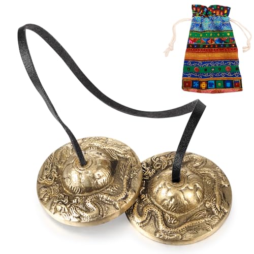 Boao Tibetan Tingsha Cymbals Meditation Chime Bells with Tibetan Drawstring Cloth Bag, 6.3 cm Meditation Chime Bells, for Percussion Instrument