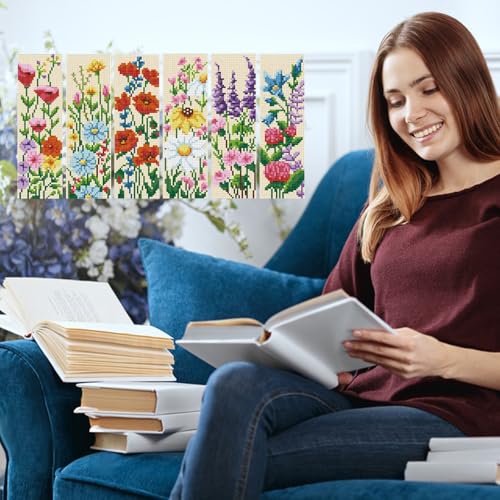 Image of INFUNLY 6PCS DIY Flower Cross Stitch Bookmark Kit for Beginners 8.66 inchx3.15 inch Stamped Embroidery Bookmark Kit Hand Plant Bookmark Cross Stitch Kits with Instruction for Book Lovers Reader Writers